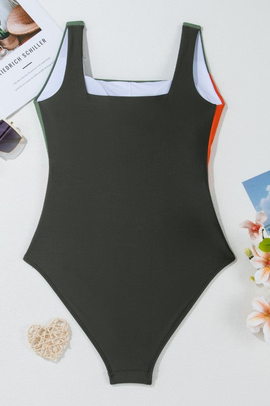 Colorblock Padded Square Neck One Piece Swimsuit - Snag N' Style
