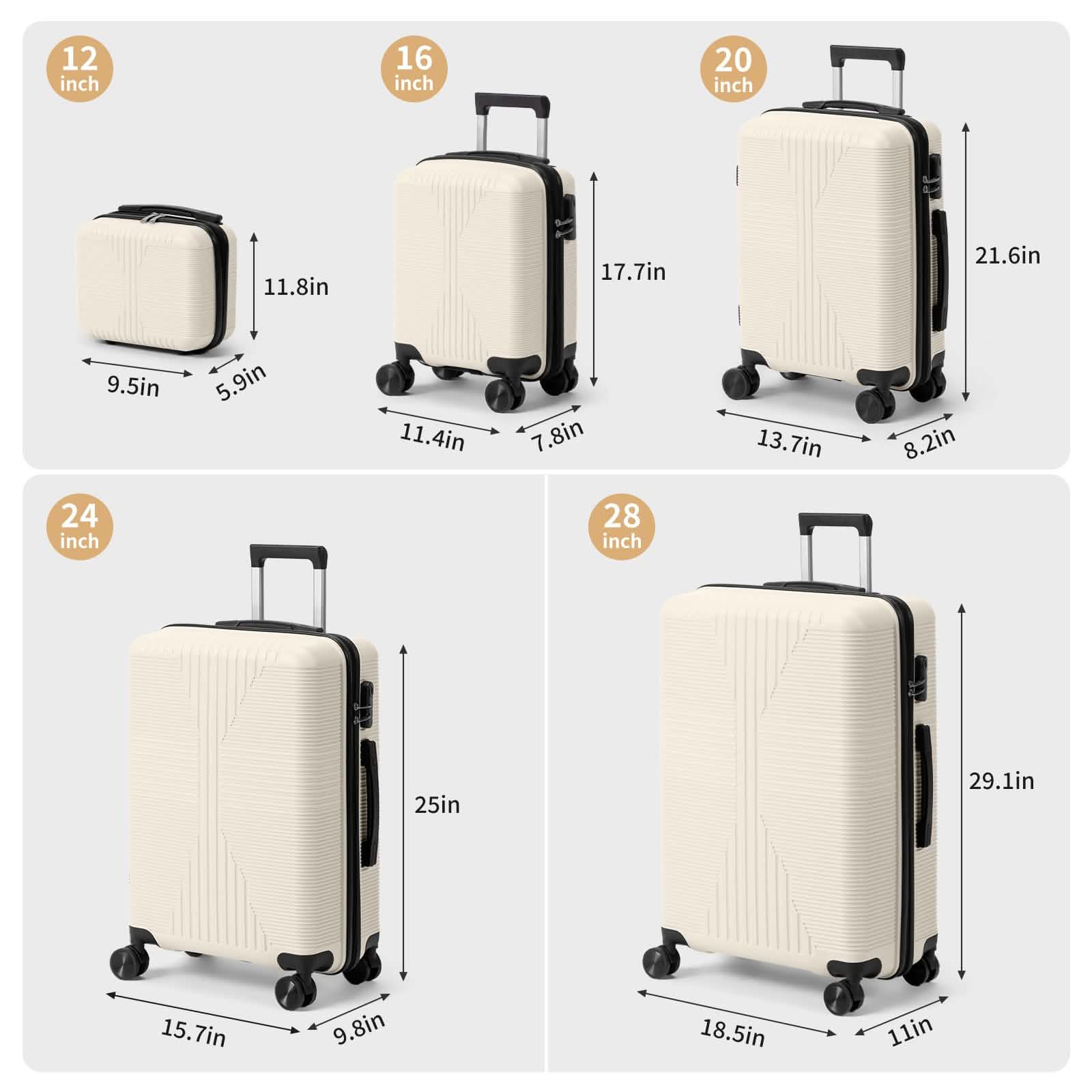 5-Piece Lightweight Luggage Set with Lock – 12/16/20/24/28 Inch - Snag N' Style