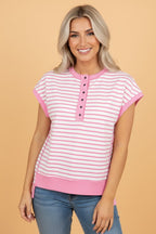 Stripe Half Placket High Low Short Sleeve Top - Snag N' Style