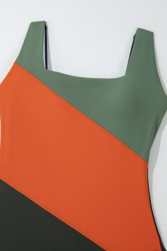 Colorblock Padded Square Neck One Piece Swimsuit - Snag N' Style