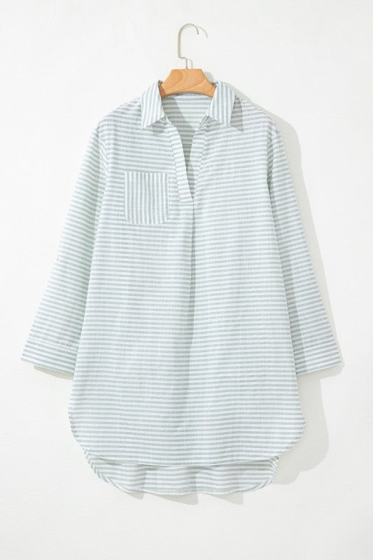 Stripe Collared V-Neck Chest Pocket Swim Cover Up - Snag N' Style