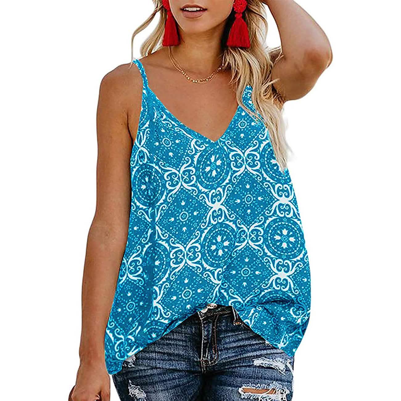 Women's Boho Floral V Neck Spaghetti Straps Tank Top Summer Sleeveless Shirts Blouse - Snag N' Style