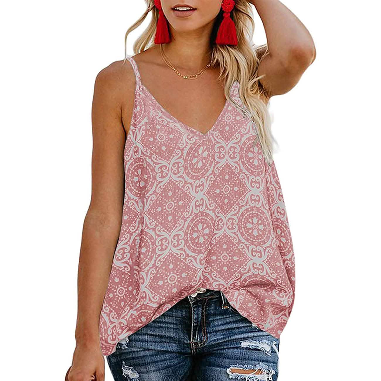 Women's Boho Floral V Neck Spaghetti Straps Tank Top Summer Sleeveless Shirts Blouse - Snag N' Style
