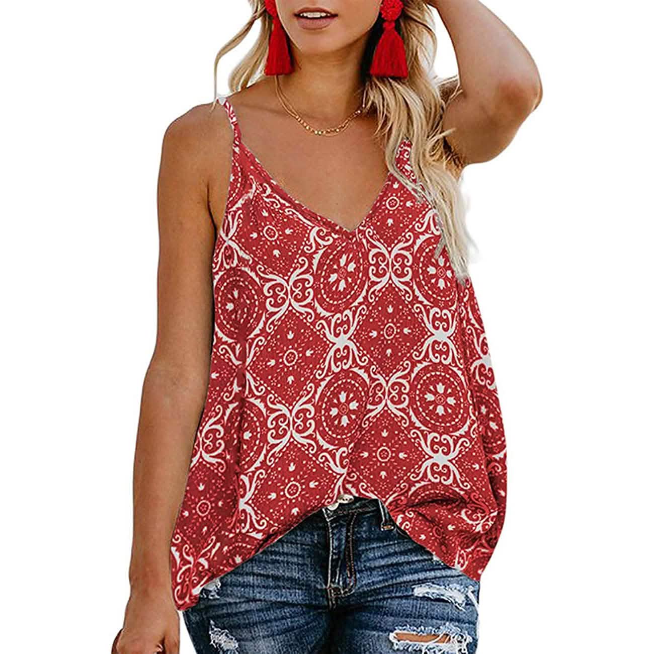 Women's Boho Floral V Neck Spaghetti Straps Tank Top Summer Sleeveless Shirts Blouse - Snag N' Style