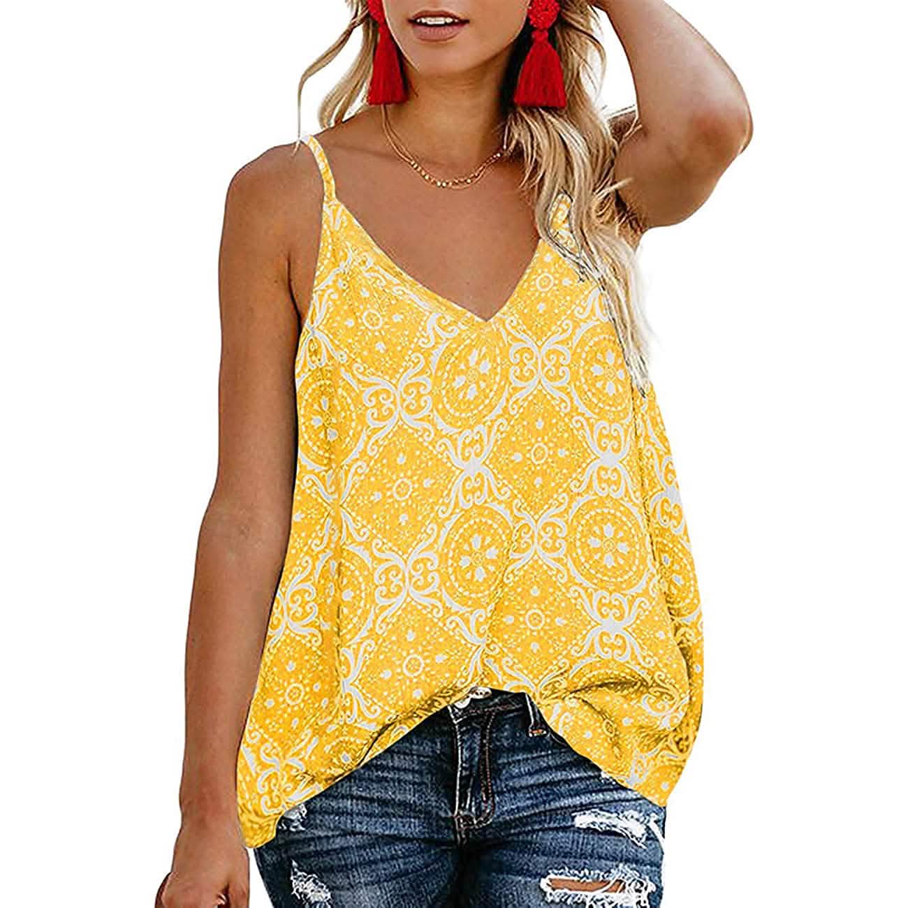 Women's Boho Floral V Neck Spaghetti Straps Tank Top Summer Sleeveless Shirts Blouse - Snag N' Style